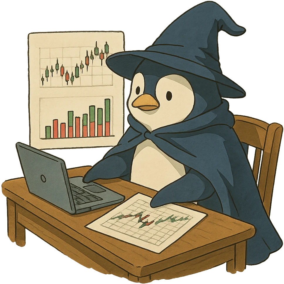penguin with wizard hat and cape, sitting at a desk with financial charts and a laptop, ghibli-inspired style emoji