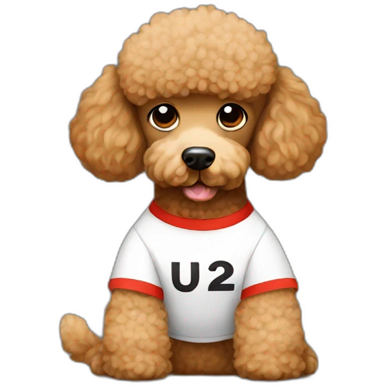 Light brown poodle seated and wearing a t-shirt with the text U2 emoji