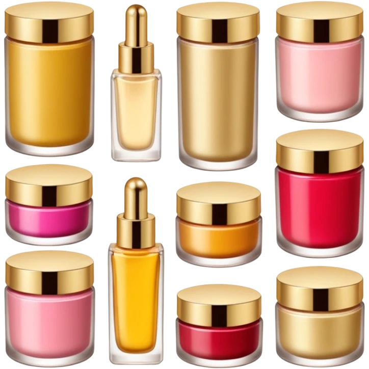 PVarios rodutos de beleza com tampa dos potes dourados e fundo transparente pra usar como figurinha emoji