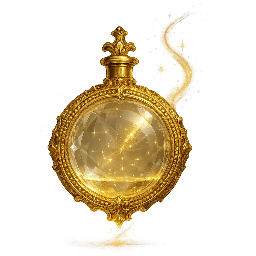 luxurious crystal elixir bottle in coin shape, golden with lots of shine, edges, ornaments, magical effects, very small golden neck, transparent background, beautiful merging bottom, clearly floating in air, no base or shadow, premium class impression, design matching a collection of crystal, luxurious, magical bottles emoji