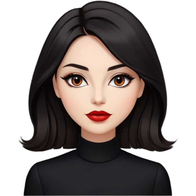 Respected actress with fair glowing skin, voluminous dark straight hair with slight waves at ends, almond eyes with refined eyeliner, defined features, red lips, black elegant outfit, poised professional expression emoji