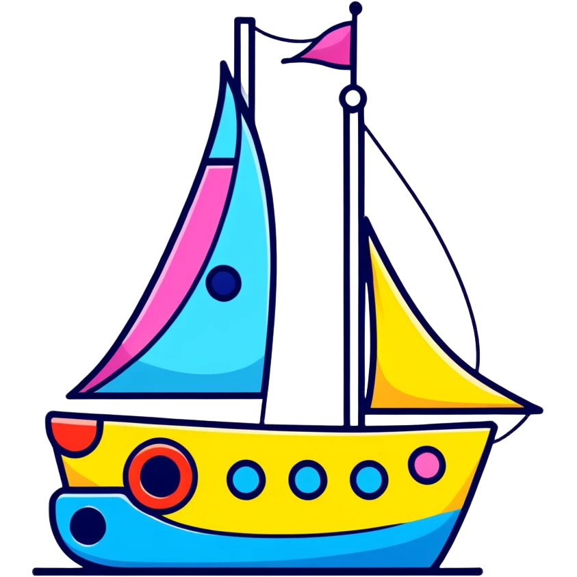 A cartoon toy sailboat with a beaming happy face, colorful sails and tiny portholes emoji