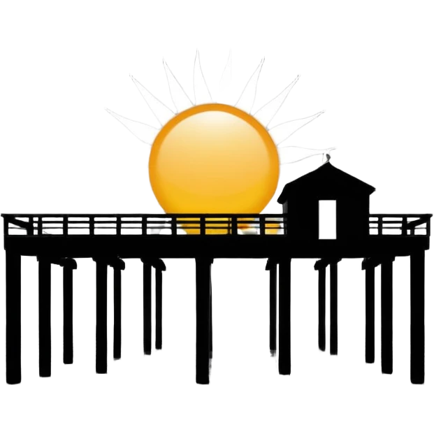 A black and white image of a pier in the ocean as a silhouette with the sun in the background emoji
