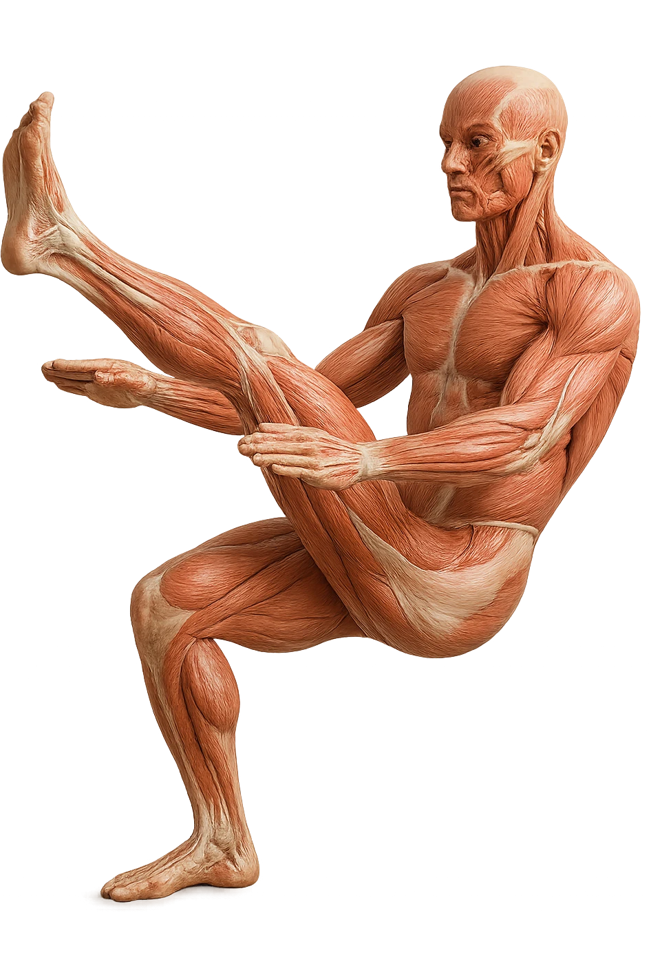 CORPO UMANO ANATOMICO REALISTICO CHE FA UN ESERCIZIO DI MOBILITà ARTICOLARE ALLE GAMBE, IPERREALISTICO 4K emoji