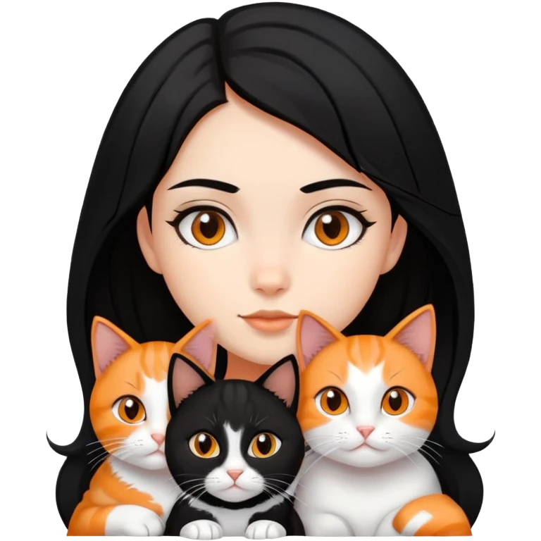 teenage girl with black hair with brown highlights with two cats that are tri-colored (black, orange, and white) emoji