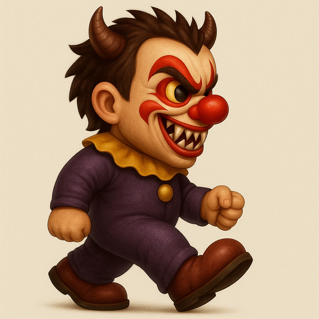 Enhance the full-body child demonic clown with horns and fangs facing left in emoji art style. Add more details emphasizing textures, clothing, facial features, and accessories while preserving the character's spirit and emoji style. emoji