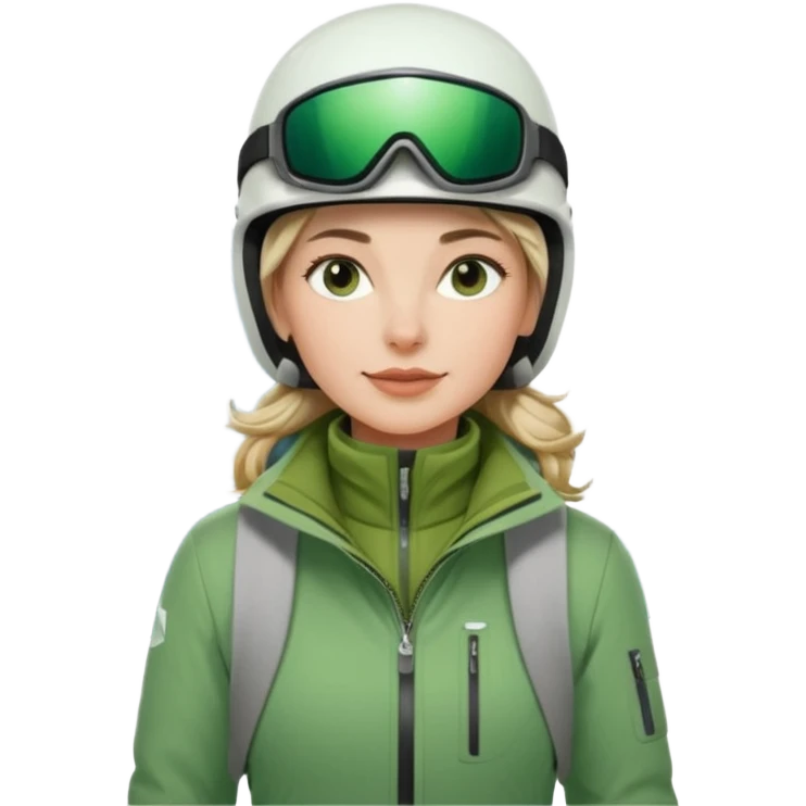 Woman, skiing, White helmet, Green Jacket, green trousers, background Matterhorn emoji