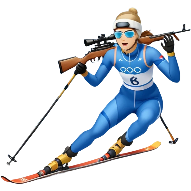 An icon showing a biathlete skiing on a snow-covered Olympic track with a rifle on their back. Cheering fans fill the stands. Majestic mountains, snowy trees, and a bright blue sky complete the scenic winter landscape. Transparent background captures the spirit of biathlon. emoji