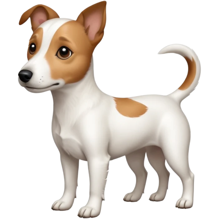 a full body white jack russel looking dog the size of a kelpie with light brown ears and a light brown patch on one eye, flopped down ears and a large snout emoji