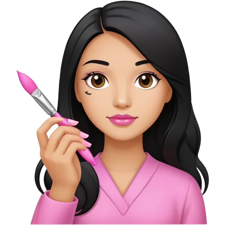 Pink Nail Tech with black long hair holding small acrylic brush emoji