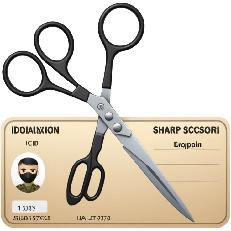 Floating black Scissors cutting in half an idf soldier ID card in 2 parts .hyper realistic emoji