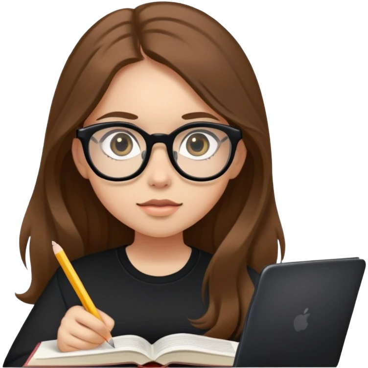 A girl with long brown hair, light skin and big eyes, also wearing a black shirt and glasses is studying emoji