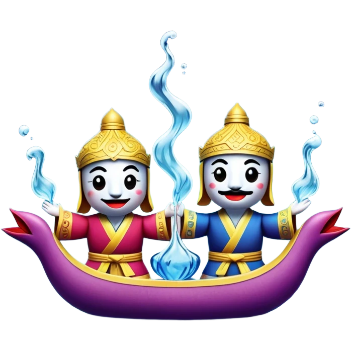 Cinematic Realistic Water Puppetry Emoji, depicted as a whimsical scene of traditional water puppets performing on a reflective water stage, rendered with vivid textures and dynamic playful lighting that captures its enchanting charm. emoji