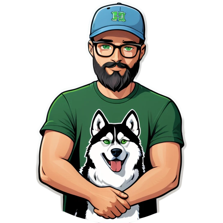 A bold man with a grey baseball cap, green eyes, big beard and glasses holding a husky dog emoji