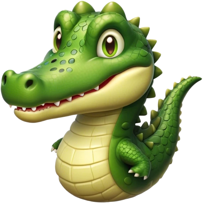 Cinematic Realistic Cute Crocodile Portrait Emoji, Head tilted playfully and inquisitively, featuring a robust, well-defined build with intricately detailed, glossy olive-green scales and a surprisingly endearing face with round, sparkling eyes full of unexpected charm, rendered with lifelike texture and natural highlights, high shine, affectionate and spirited, styled with a touch of wild whimsy, soft glowing outline, capturing the essence of a mischievous yet lovable crocodile that seems poised to snap playfully out of the screen into your arms! emoji