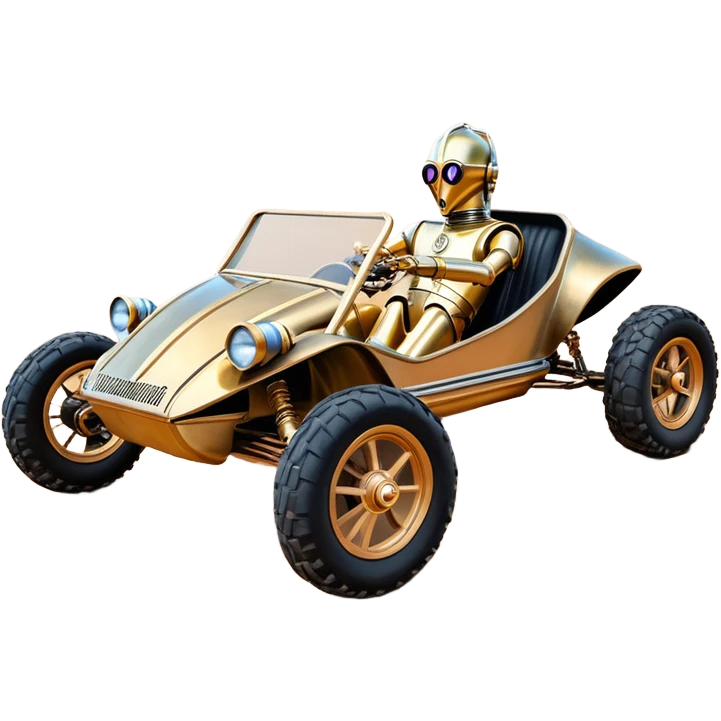 American southWest tarnished neon underglow C-3PO bounty hunter 1964 delicately ornate rosegold wood accents painted dune buggy buckboard powered by electric motors and batteries with racing safety belts while flying rapidly roughening terrain stable on strong agile advanced suspension and steering emoji