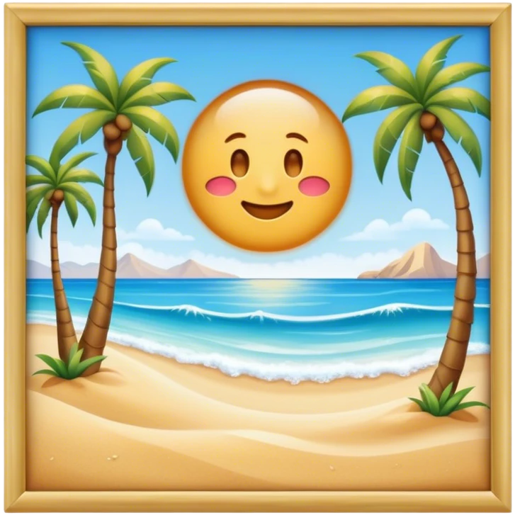 Cinematic Realistic Beach Emoji in a wooden frame, Sunny and bright, with soft golden sand stretching as far as the eye can see, gently lapping waves crashing onto the shore, and a clear, blue sky above. Palm trees sway in the warm breeze, crystal clear water of the waves on the landscape. Soft glowing outline, capturing the essence of a relaxed, joyful beach day filled with sun, sand, and surf! emoji