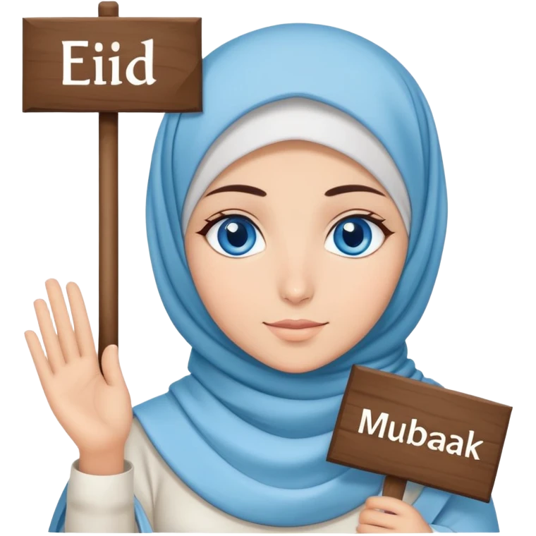 Turkish beautiful finish Konya girl blue eyes with cloudy hijab islamic dress and had on her hand text Eid Mubarak  emoji