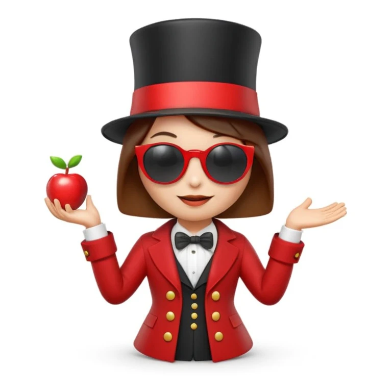 3D apple-style emoji of a whimsical character with simplified shapes, cartoon-like look, glossy finish, soft shadows, white background, tall top hat with ribbon, large round white sunglasses, short brown bob haircut, elegant collar, red coat, playful and iconic emoji