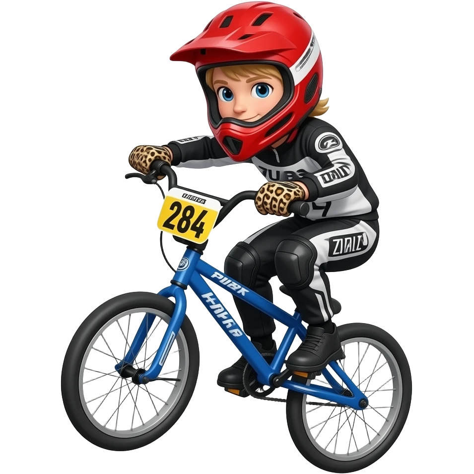 boy rider bmx jumping on a blue bike in red full face helmet and black and white full race suit with a yellow race plate 284 with leopard skin gloves with blond hair emoji