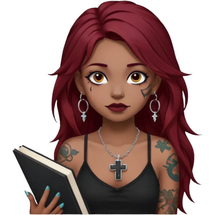 generate an ios genmoji of a dusky girl with long dark red messy hair with eyeliner on her eyes. septum piercing, wearing a cami black top, has tattoos, on shoulders. ear piercings. wearing a cross silver necklace. carrying a lot of sketchbooks


no tattoos on face emoji