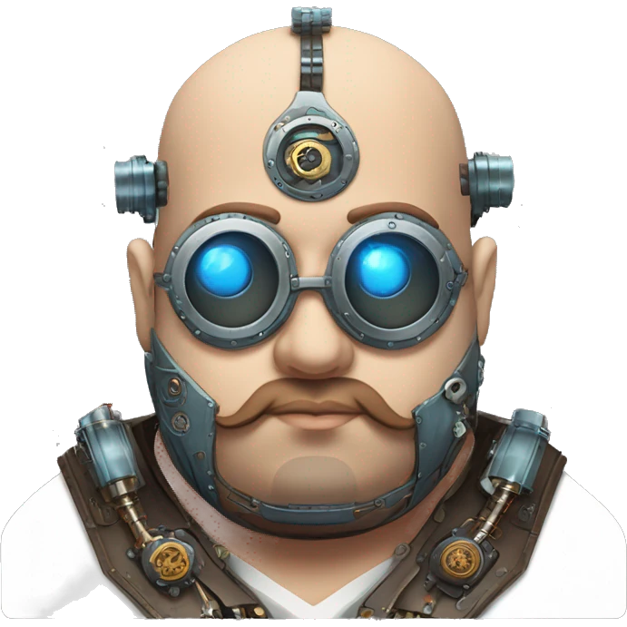 Fat bald cyborg head with blue steampunk goggles, brown beard and circuits emoji