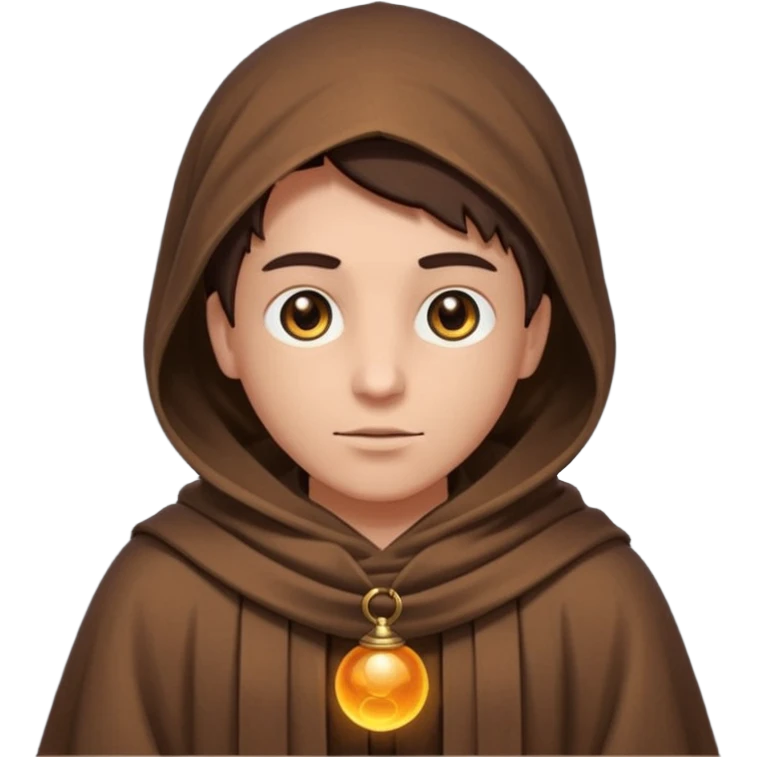 Coarse, hand-woven brown robes with deep,  shadowed cowls  with A dark, light-absorbing void within the hood where only two glowing yellow or orange eyes are visible. In AI generation, specify "glowing orb-like eyes" or "beady luminous eyes". emoji