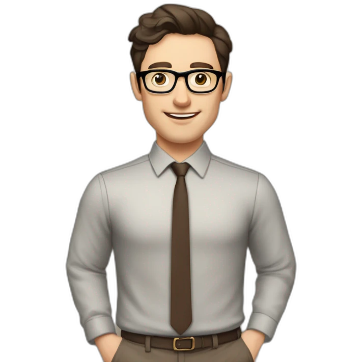 Pale skinned fit man with dark brown hair in gray jacket, beige office shirt, brown tie, brown pants and vintage glasses Writing on the marker board emoji