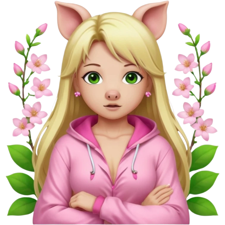 sexy and muscled, full body, in pink kegurumi pijamas, pig hood, sexy girl, long blond hair, beautiful green eyes, makeup, earrings, muscled, surrounded by pink flowers and sakura petals emoji