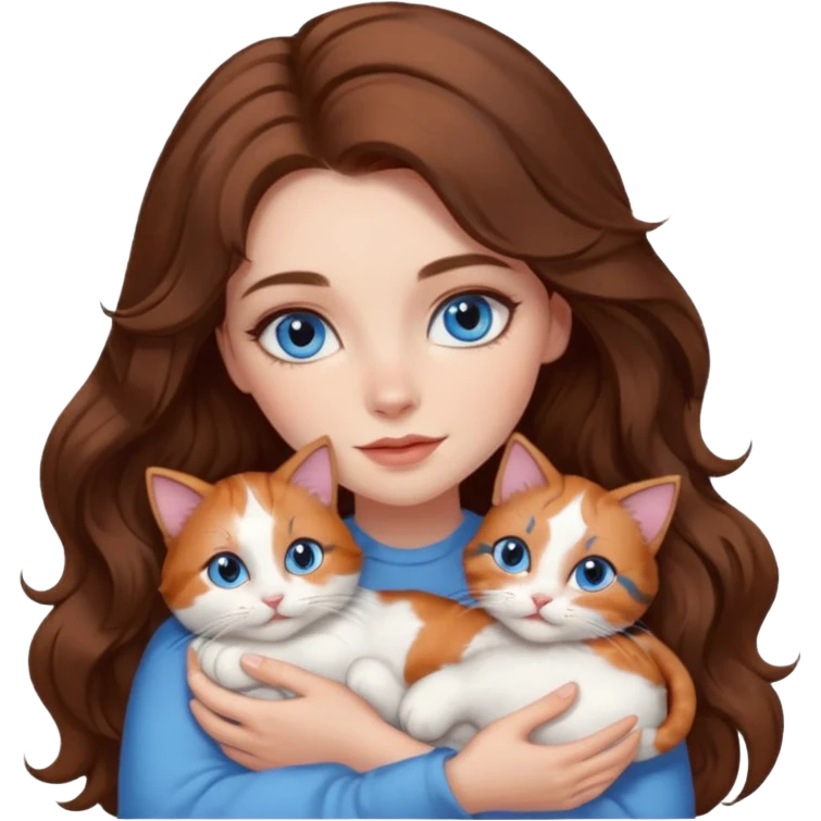 girl with long wavy brown hair, blue eyes, long lashes makeup, cuddling with 6 cute cats emoji