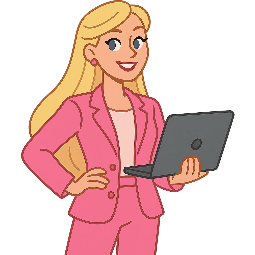 Barbie as a modern businesswoman, confident pose, pink blazer, holding a laptop, stylish and empowering emoji