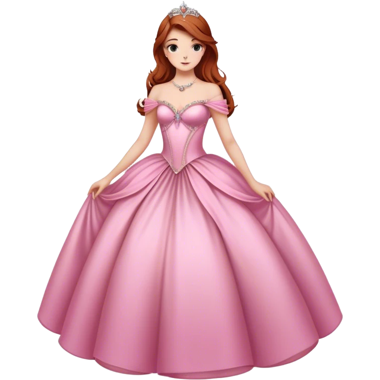 Cinematic Majestic Sleeping Beauty Portrait Emoji, rendered in a clean, vector-style with bold, simplified shapes. Show Aurora with a serene, noble expression, luminous porcelain skin, and elegantly flowing auburn hair, dressed in an opulent pink ball gown. The design radiates a majestic, enchanted glow with high shine and a soft glowing outline, embodying classic royal elegance. emoji