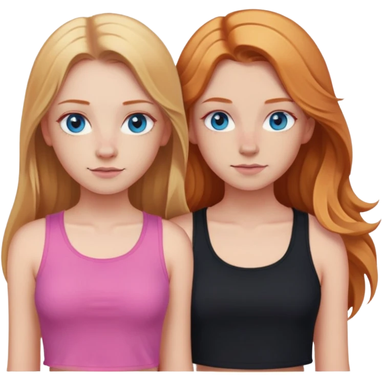 Two girls together. Girl 1: blonde long straight hair, hazel eyes, pink crop top.  girl 2:  long wavy ginger hair, blue eyes, nose ring, black shirt emoji