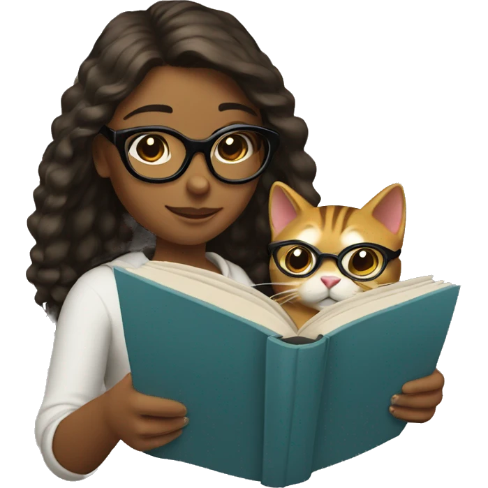 Girl reading a book with a cat and glasses emoji