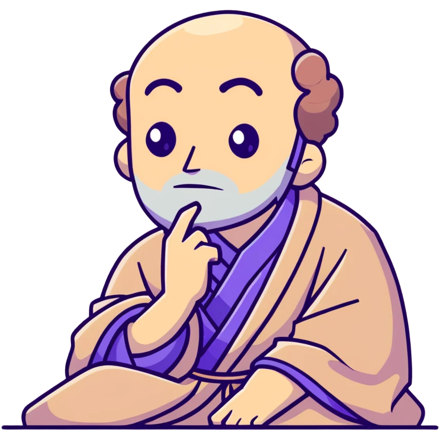 thoughtful philosopher with hand on chin, sitting in contemplative pose, scholarly appearance with robe, beige and brown color palette emoji