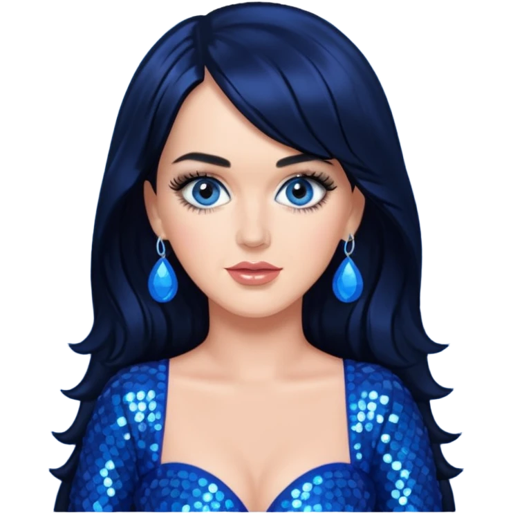 Katy Perry with long black hair, blue sequin outfit emoji