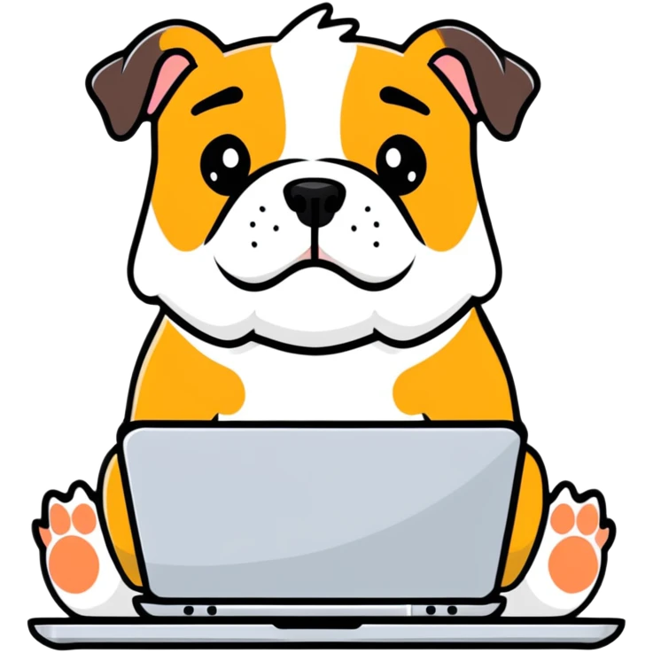 English bulldog sitting with a laptop emoji