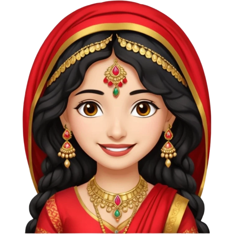 a pretty bratz fair indian girl wearing a red indian wedding outfit with dupatta on head,  golden jewellery, black wavy hair emoji