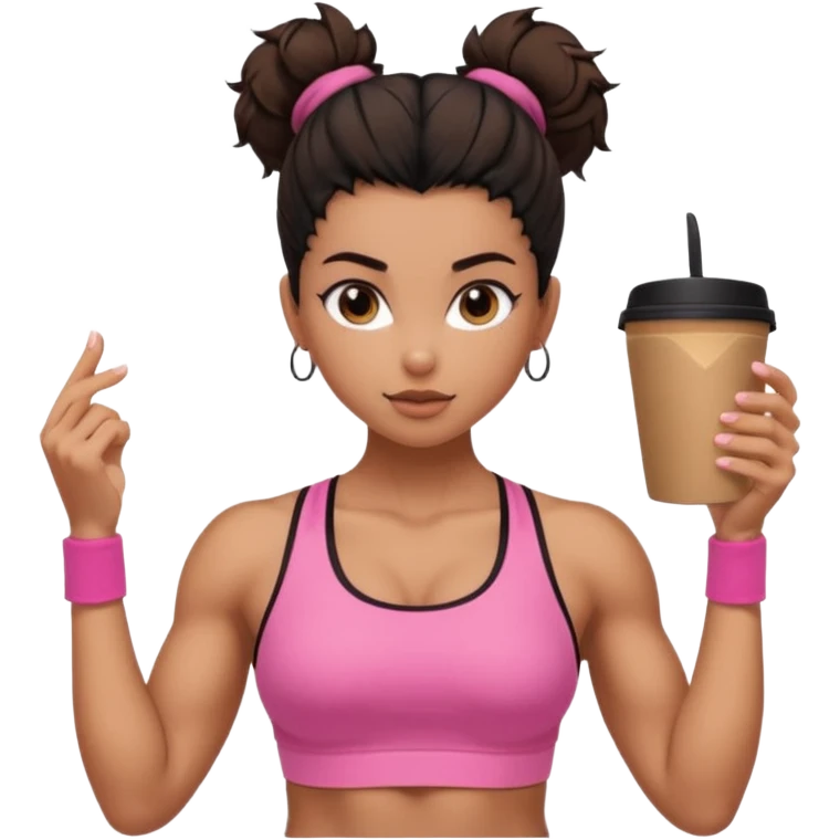 Caramel skinned toned female with a black messy bun for hair. Her eyes are a coffee color brown and almond shaped. She’s wearing a pink sports bra and showing off her flexed muscular toned biceps. emoji