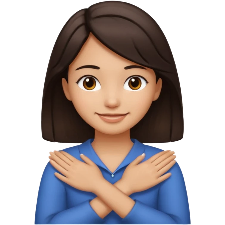 make an emoji of a girl with medium skin and very dark brown hair. her hands are crossed and holding the front of her neck. her face is smiling emoji