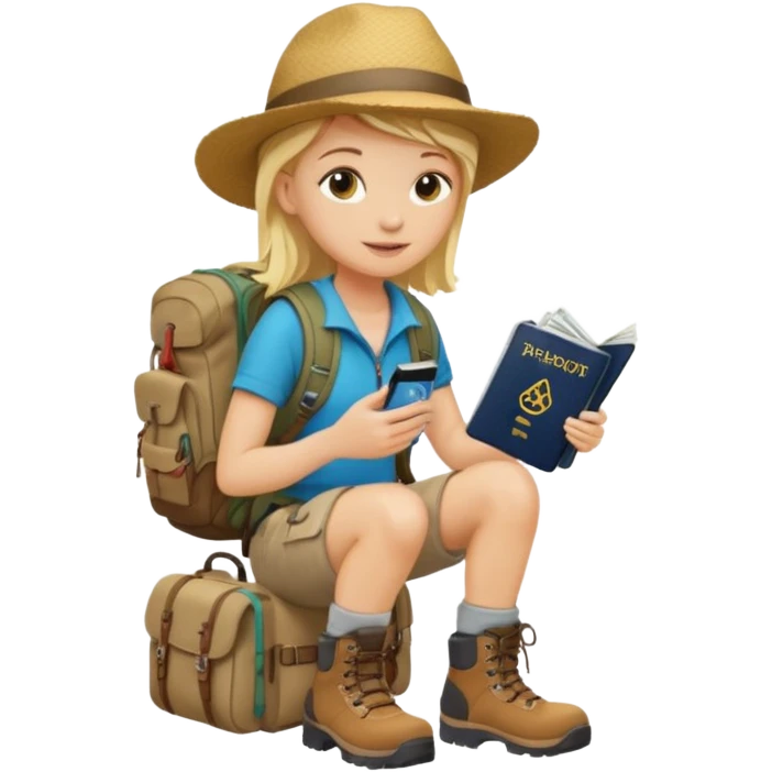 blonder haired Traveler character with passport, backpacker,  emoji