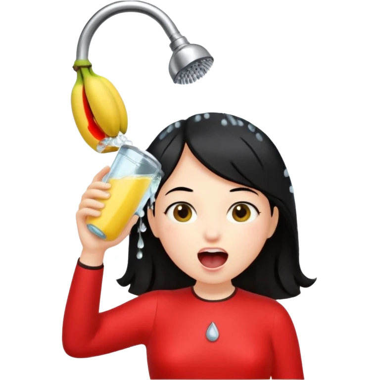 a girl with black hair and red dress with opened mouth drinking pale yellow water coming out from a shower looking like a banana above her head emoji