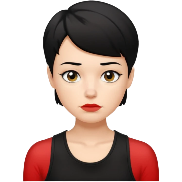 a white woman with short tomboy black hair with mole on top of her lip wearing men's black tank top emoji