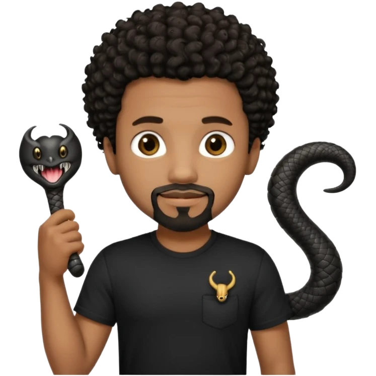 Homme noir de peau,  yeux marron avec un bouc pas de  moustache, cheveux noir court et bouclé crépus avec un dégradé sur le côté, avec un cobra à côté , t-shirt noir  emoji