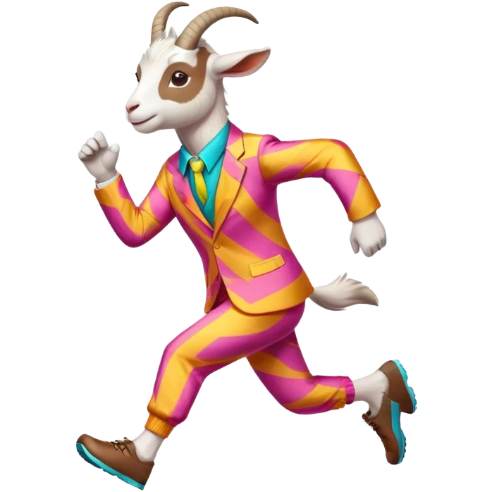 friendly anthropomorphised goat jogging upright in a colourful suit, standard pose emoji