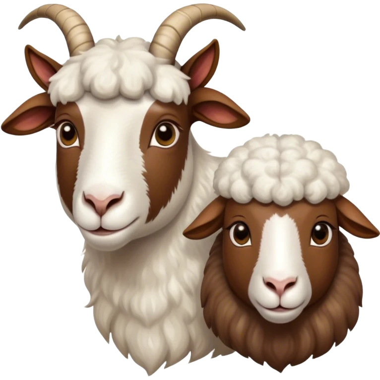 Portrait collage of domestic hooved animals: A calm goat with soft fur, a fluffy sheep with large eyes, and a noble horse with a shiny coat. Soft green meadow and distant hills in the background. Transparent background. emoji