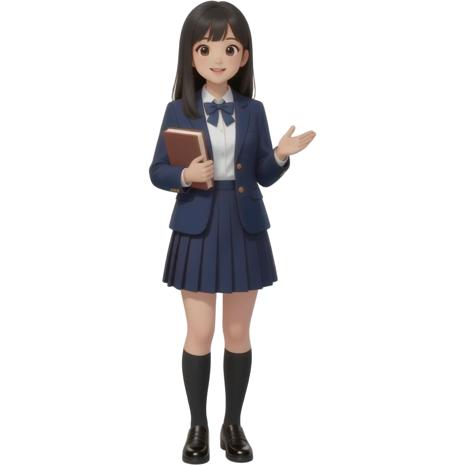 trendy schoolgirl with Asian skin, straight black long hair, chic uniform, speak something emoji