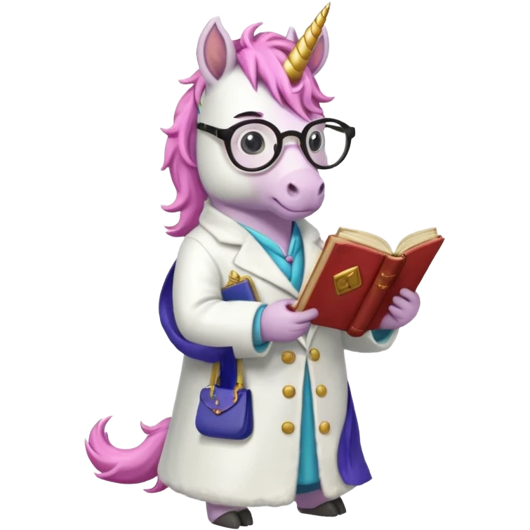 Unicorns read book
A full body of scholar unicorn wearing round glasses, reading a thick ancient tome. emoji