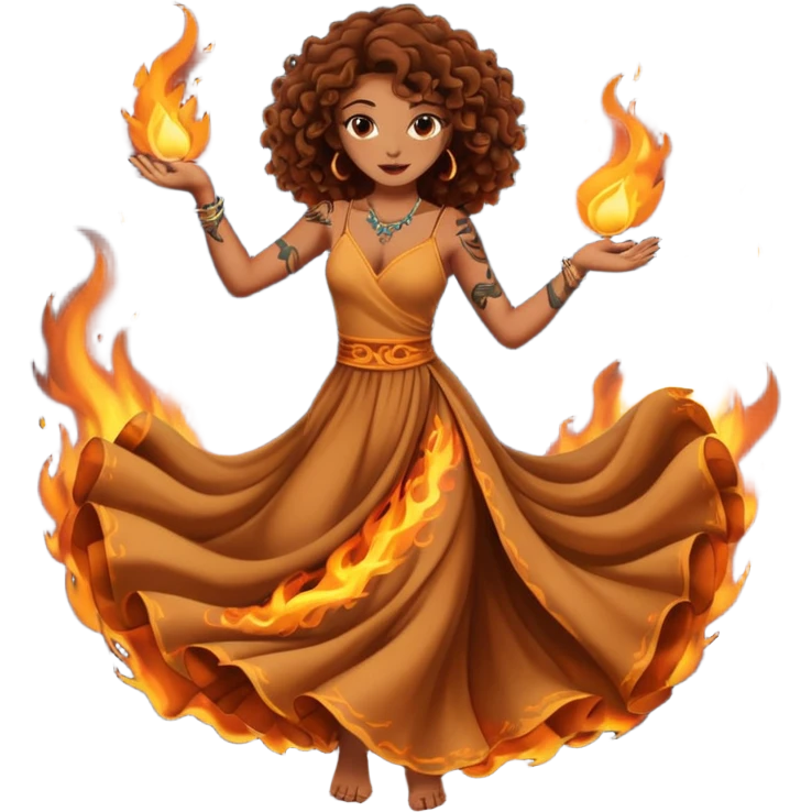 Sexy brown eyes, brown curly hair, white ethnicity with tattoo, mystic vibe, dancing in the fire in the night  emoji