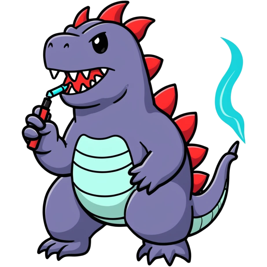 cartoonish Godzilla holding a vape pen, colorful emoji